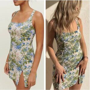 (New) Reformation Noha Hillside Floral Square Neck Dress With Slit